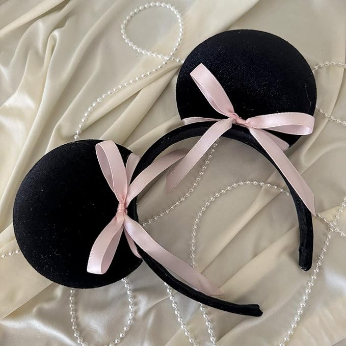 WW-WONDERFULWORLD Classic Styles Mouse Ears Headbands With 2 Pink Bows, for Theme Park Wearing, Women Costume Cosplay Party, Black; FG-BK