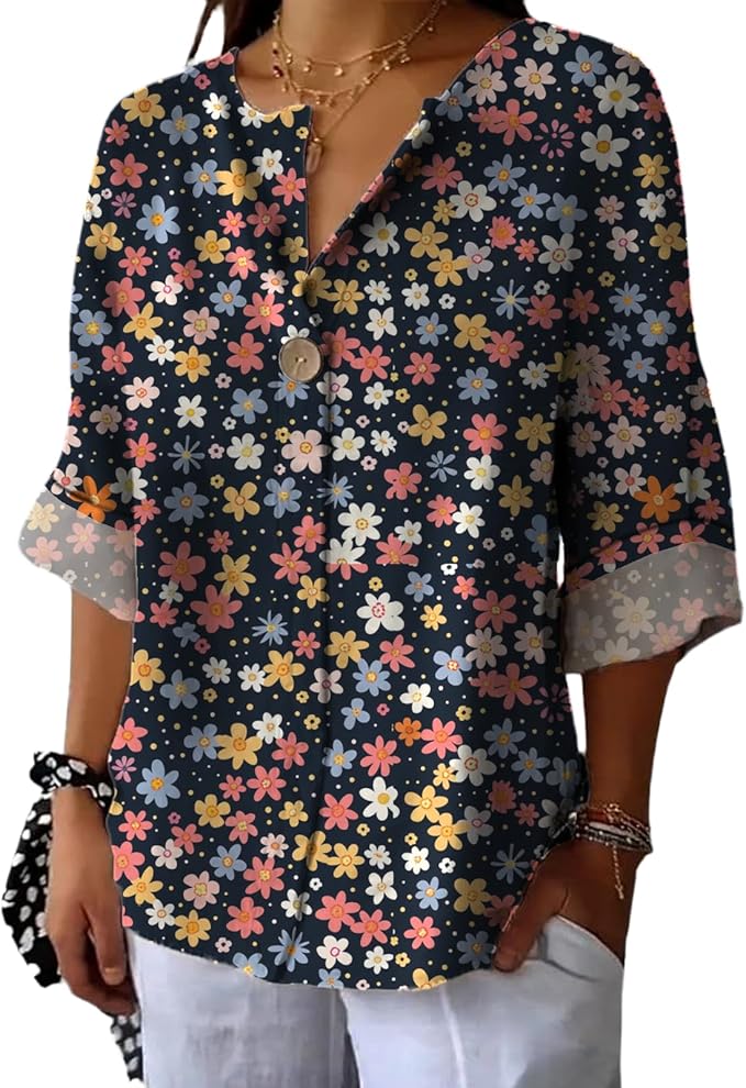 Long Sleeve Shirts for Women V Neck Button Boho Graphic Blouses Casual Collared Fashion Summer Flowing Tops