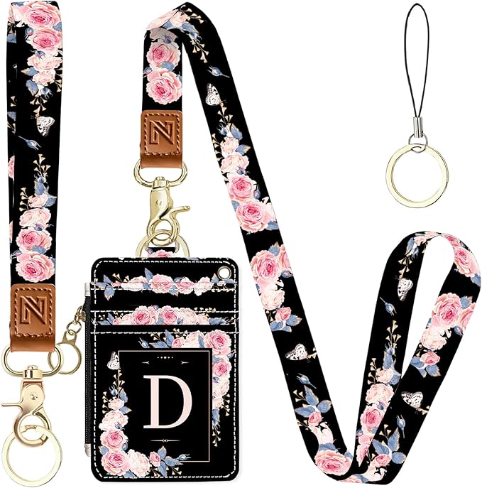 A-Z Letter 2-in-1 ID Badge Holder & Lanyard Wallet for Teachers,Nurse,Professionals-Cute Zippered Coin Pouch,Removable Wristlet & Neck Lanyard,5 Card Slots Stylish Work Essential D