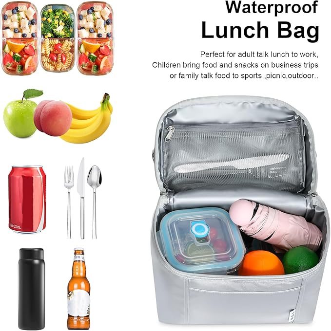 NOL Natural Organic Lifestyle Insulated Lunch Bags for Women Cooler Bag Lightweight Nylon Waterproof Lunch Box For Work (Silver, Medium(normal))