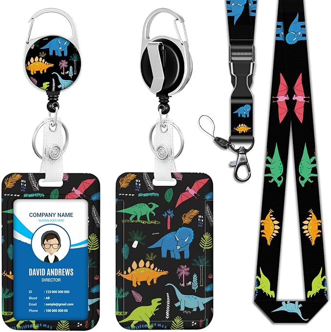 ID Badge Holder with Breakaway Lanyard, Cute Dinosaur Badge Reel Retractable Heavy Duty and Detachable Name Tag Clips, Lanyard Reel Lanyards for Id Badges, Kids Nurse Teacher Office Gifts