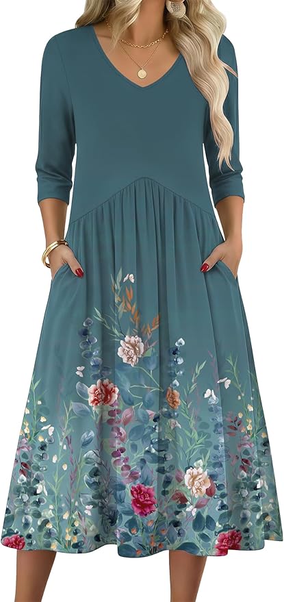ZEAGOO 3/4 Sleeve Women's Dress Casual Flowy A-Line Midi Tshirt Dresses with Pocket Empire Waist Summer Boho Beach Sundress