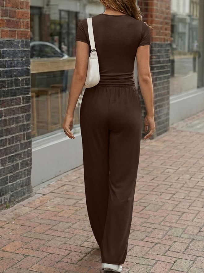 Trendy Queen Women's 2 Piece Matching Lounge Sets Summer Henley Neck Slightly Crop Top Wide Leg Pants Casual Sweat Suit