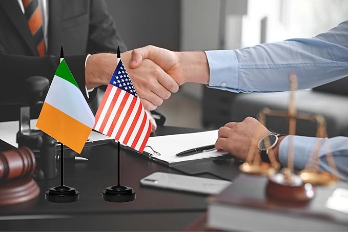 USA American & Ireland Irish Desk Flags, US Ireland Office Table Flag, Small Mini Miniature Irish and US Desktop Flag With 13" Solid Black Pole, Black Base