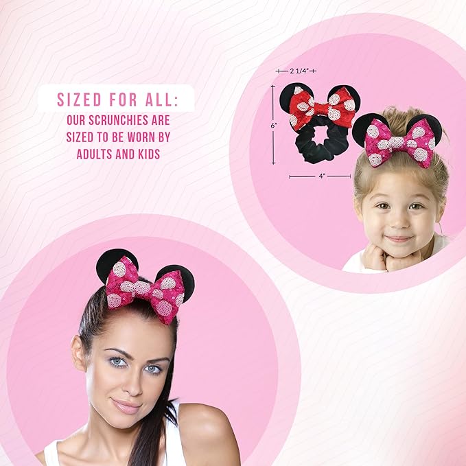 Styla Hair 2pk Mouse Ear Scrunchies for Kids Velvet Hair Bow Scrunchies for Women - Sparkle Sequins Mouse Hair Bands for Pony Tail (Red Pink Polka Dot)