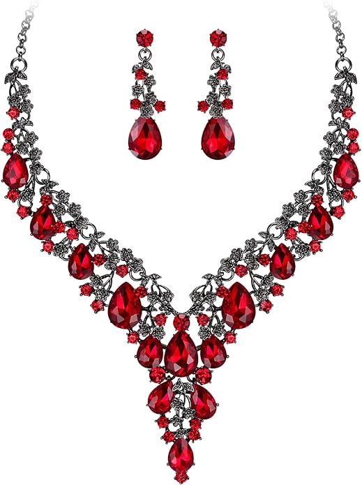 BriLove Women's Wedding Bridal Austrian Crystal Teardrop Flower Cluster Statement Necklace Dangle Earrings Jewelry Set for Party Prom