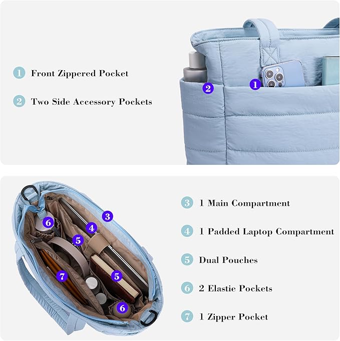 AOCINA Puffer Tote Bag for Women Quilted Work Bag Nurse Bags Women's Shoulder Handbags for Travel Gym Gifts Laptop Purse