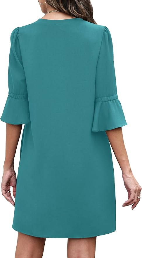 RUMIA Shift Dress for Women V Neck Ruffle Short Sleeve Loose Casual Summer Dress