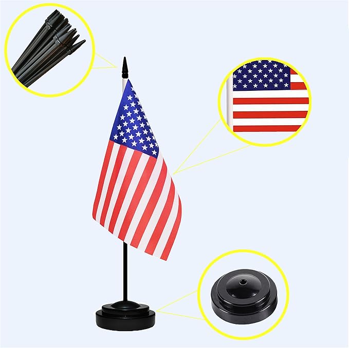 US American Deluxe Desk Table Flag Set Small Mini Miniature USA Table Desktop Flags With Solid Pole, Black Base and Spear Top(2 Pack)