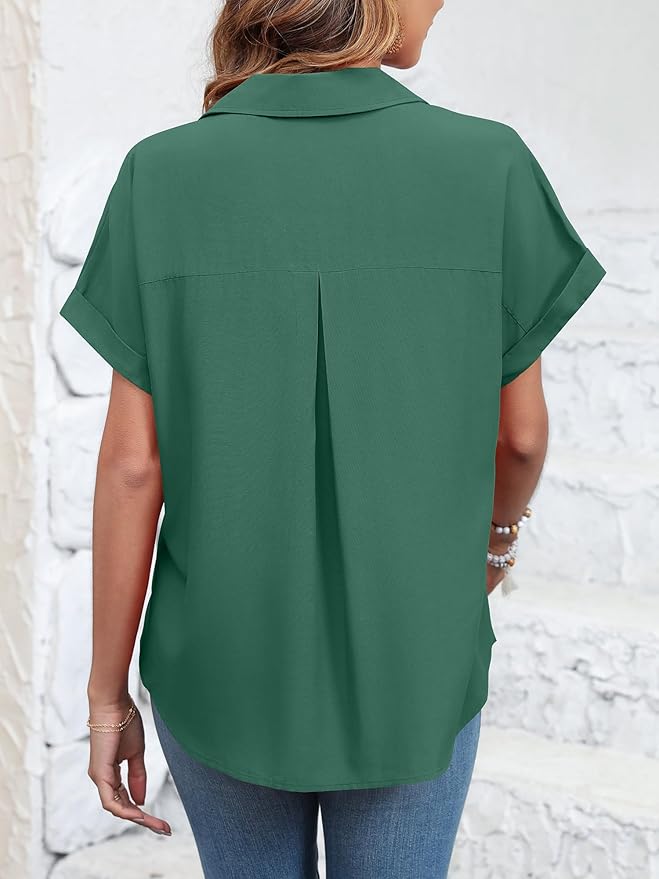 Womens Button Down Shirt Casual Short Sleeve Collared Work Blouse with Pocket