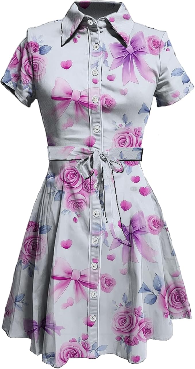 MARSVOVO Cute T Shirt Dress for Women Short Sleeve Button Up Tie Waist Elegant Casual Collared Smocked Midi Dress