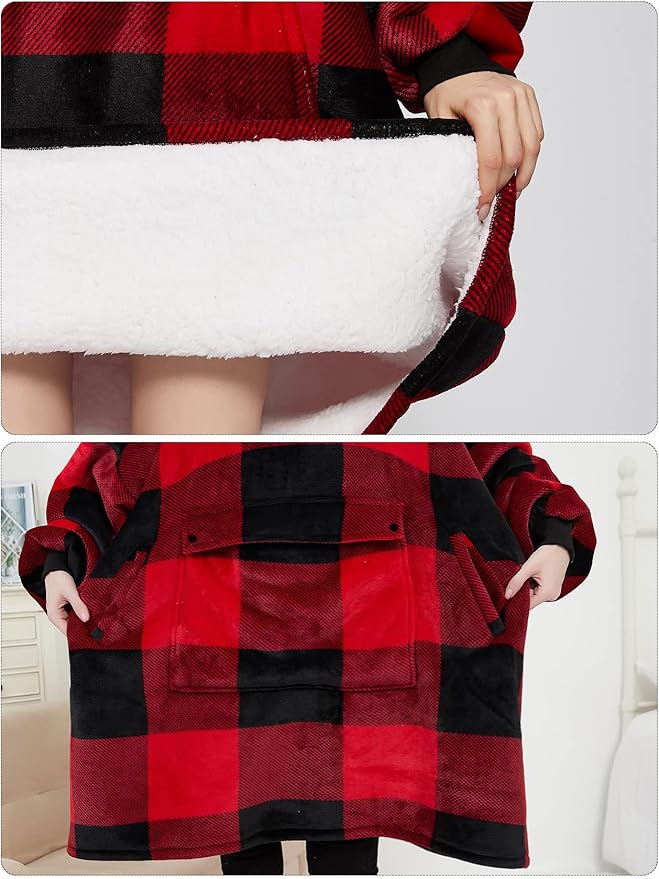 KFUBUO Wearable Blanket Hoodie for Adults Sherpa All Patterns Oversized Sweatshirt Blanket with Pockets for Women Red Plaid