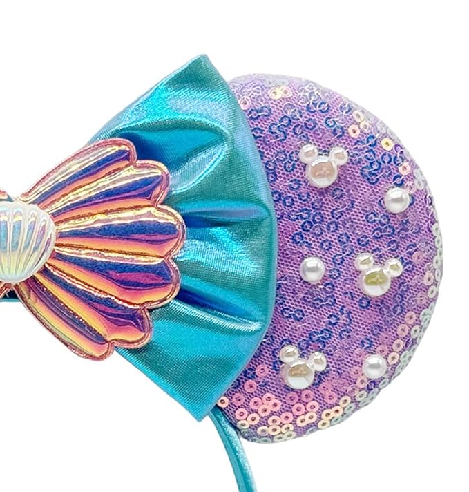 WW-WONDERFULWORLD Purple Mermaid Mouse Ears Headbands With Shiny Sequins & Shell & Pearl Exquisite Decoration, for Costume Cosplay Glitter Party; BK-Z