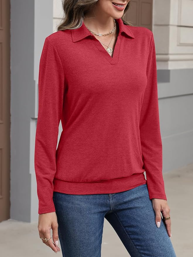 Womens Polo Shirts Long Sleeve Banded Bottom Tops Business Casual Tops Collared V Neck Blouses
