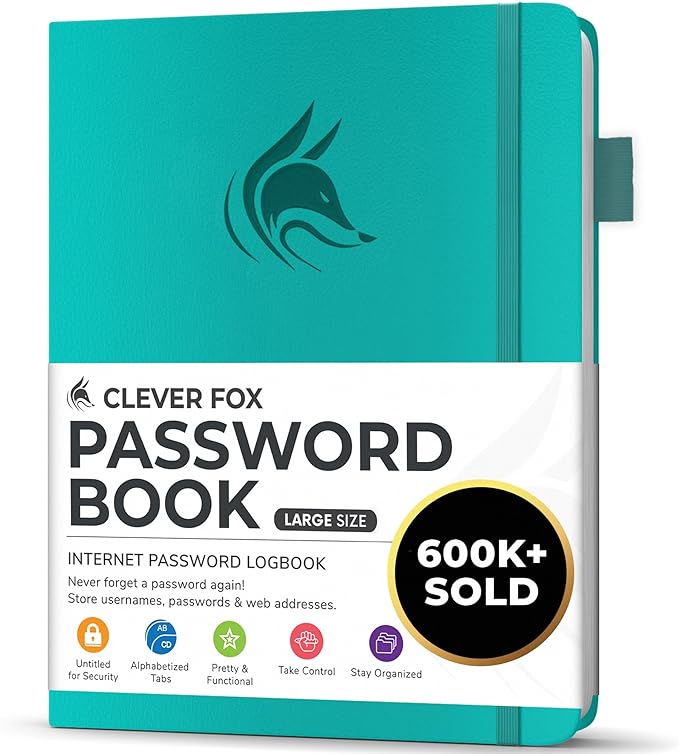 Clever Fox Password Book with alphabetical tabs. Internet Address Organizer Logbook. Large Password Keeper for Website Logins (Turquoise)
