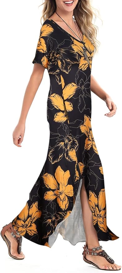 Arolina Women's Summer Maxi Dress Short Sleeve V Neck Casual Loose Long Beach Split Dresses with Pockets