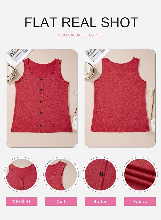 SHEWIN Womens Tank Tops Solid Button Crewneck Sleeveless Summer Tops Loose Fit