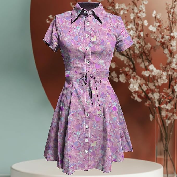 MARSVOVO Cute T Shirt Dress for Women Short Sleeve Button Up Tie Waist Elegant Casual Collared Smocked Midi Dress