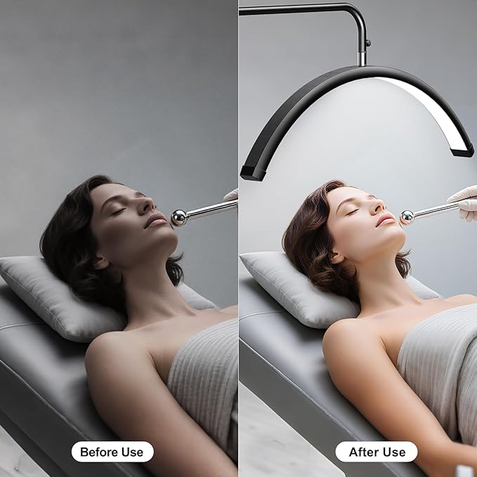 Half Moon Lash Light - Adjustable LED Floor Lash Lamp with 4X Magnifier & Phone Holder for Eyelash Extensions,Nail Art,Tattoo,Skincare,Salon SPA-Dimmable Brightness,Rotating Head, Black