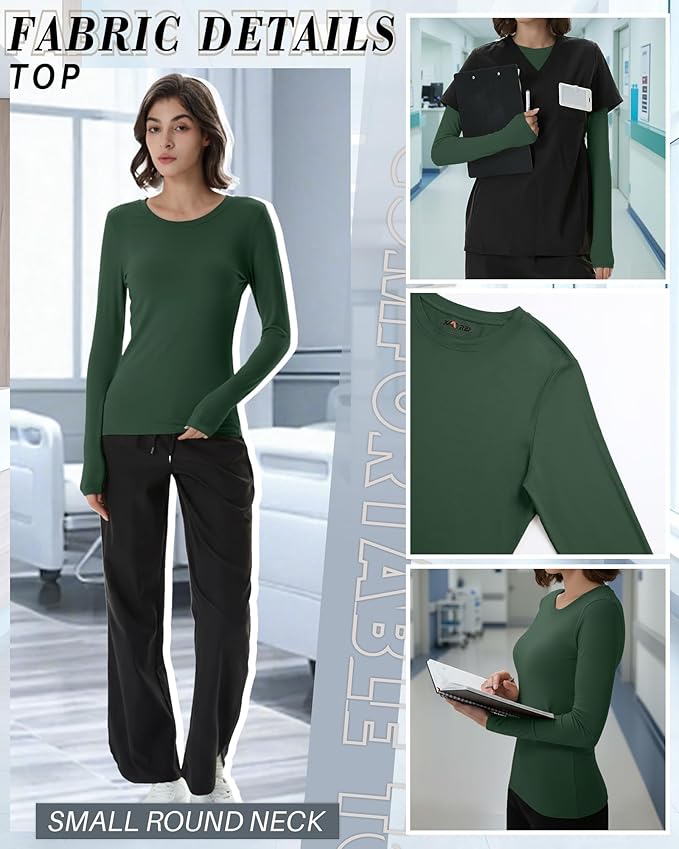 4 Pack Women's Underscrub Shirts Nurse Undershirts Long Sleeve Crewneck Slim Fit Tops Soft Stretchy Basic Tee