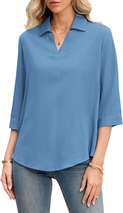 LOMON Womens 3/4 Sleeve Tops V Neck Cotton Linen Work Blouse Polo Shirts for Women Business Casual 2026