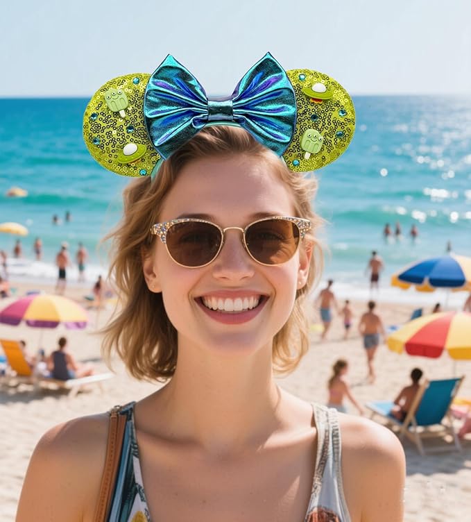 WW-WONDERFULWORLD Alien Theme Mouse Ears Headband - Green Sequin Ears with Sparkling Purple Bow & Blue Rhinestones, Kawaii Cosmic Hair Accessory for Theme Park, Cosplay, Rave Festival