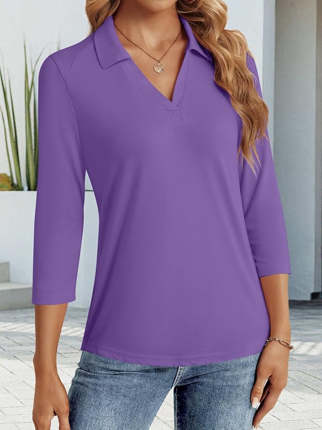 3/4 Length Sleeve Womens Tops Dressy Casual V Neck Polo Shirts Business Work Blouses 2025 Trendy Tunic Top