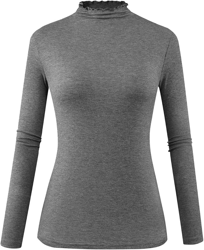 POPZONE Women's Lettuce Trim Mock Neck Long Sleeve Slim Fit Ribbed Knit Tee Shirt Tops