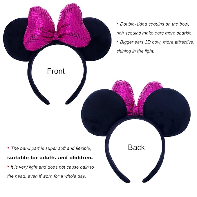 CHuangQi 1pcs Mouse Ears Shiny Headband with 3D Bow Hair Band Double-sided Sequin Bow for Birthday Party or Amusement Park (3D RoseredBow)
