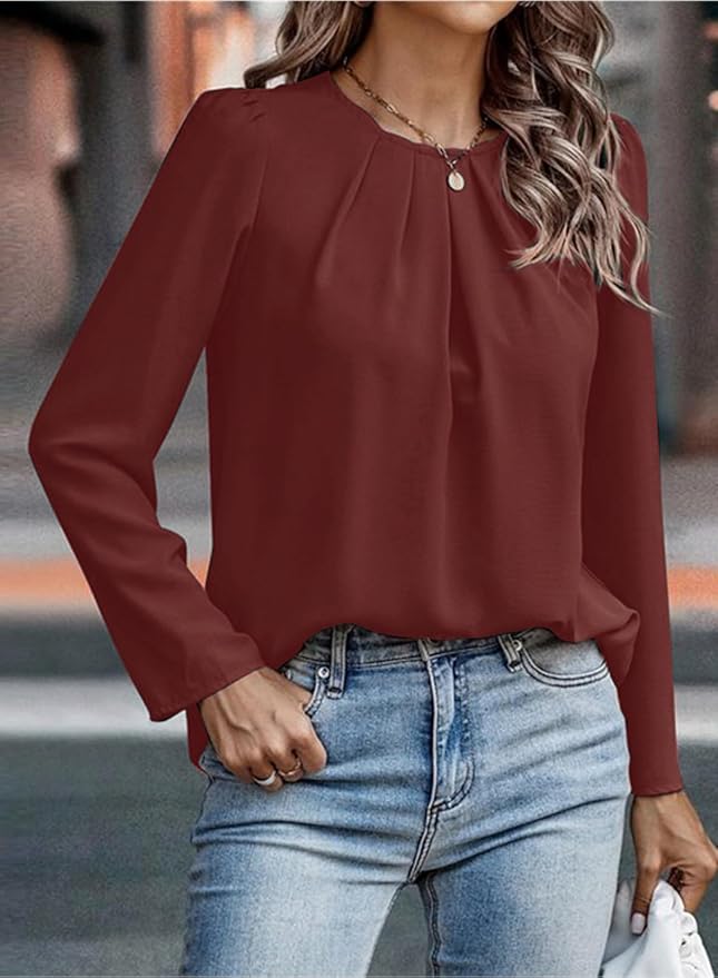Samefar Womens Tops Dressy Casual Pleated Crew Neck Long Sleeve Shirts Office Work Chiffon Blouses