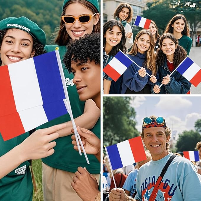 20 Pack Small France Flags on Stick Mini Handheld French Flag for Parades, Independence Day and Patriotic Events 5x8 Inch Durable Weather-Resistant Flags with 12 Inch Sticks(France)