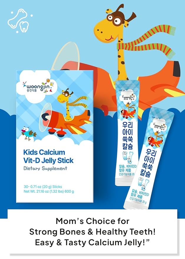 Korean Food Woongjin Kids Calcium Vitamin D Jelly Stick – Naturally Sweetened Peach-Flavored, Fruit Jelly Snack, Individually Wrapped On-the-Go Treat, 30 Sticks (21.16 oz)