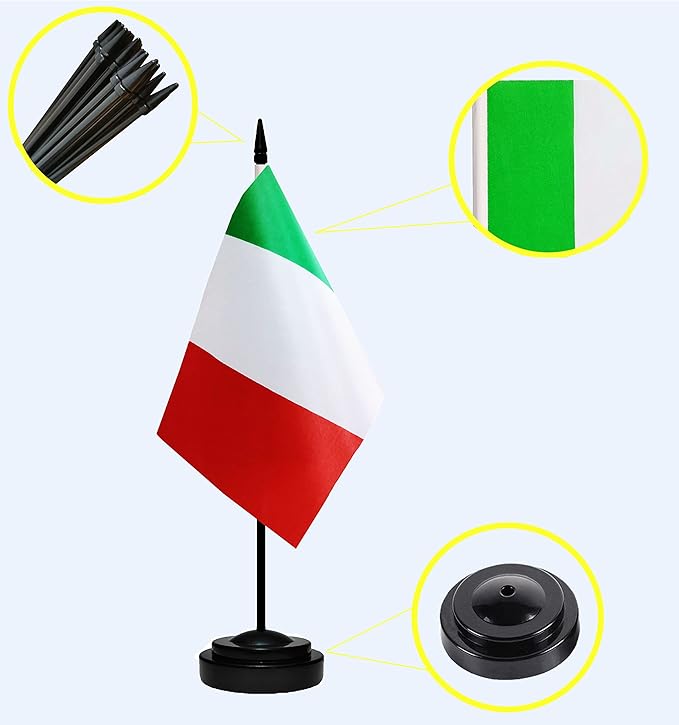 USA American & Italy Italian Desk Flags, US Italy Table Flag, Small Mini Miniature Italian and US Desktop Flag With 13" Solid Black Pole, Black Base