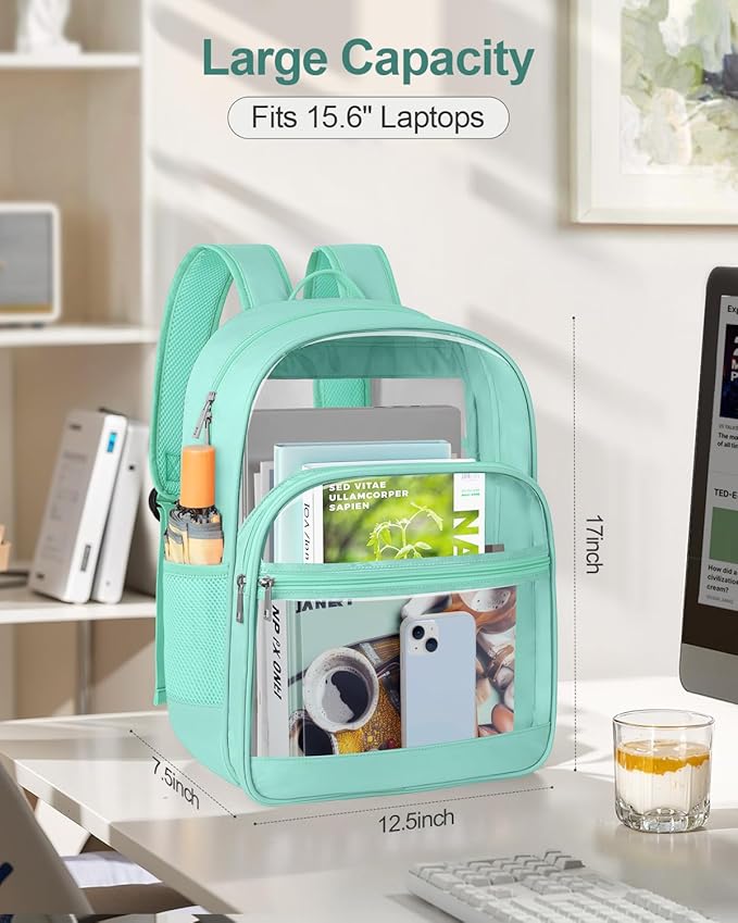 KIMNERPU Clear Backpack, Heavy Duty Transparent Bookbag for School, Fabric & PVC Transparent Backpack with Reinforced Strap for Women Men, Capacity Clear Bag for College, Turquoise