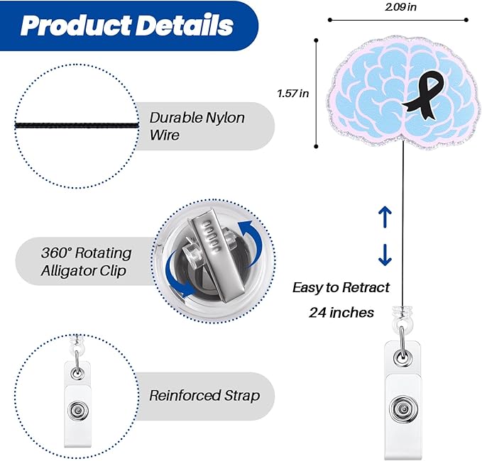 Brain Cancer Awareness Badge Reel, Cute Retractable ID Card Neurology Badge Holder, Gray Ribbon Badge Clip for Neuro Nurse, Neurologist, and Medical Worker, Nurse Gifts