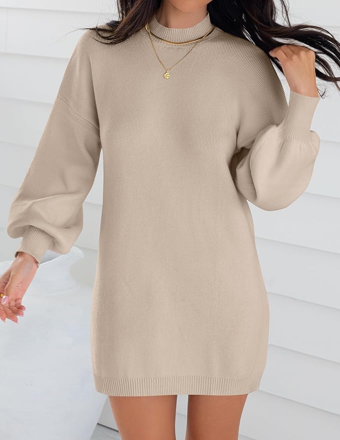 ZESICA Women's 2026 Fall Turtleneck Sweater Dress Oversized Long Lantern Sleeve Casual Knit Pullover Mini Dresses