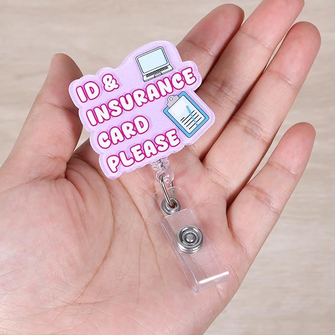 ID & Insurance Card Please Badge Reel for Hospital Admins - Glitter Retractable ID Holder, Funny Registrar Accessory with Folder & Pen Design | Medical Secretary Gift, Admin Stocking Stuffer