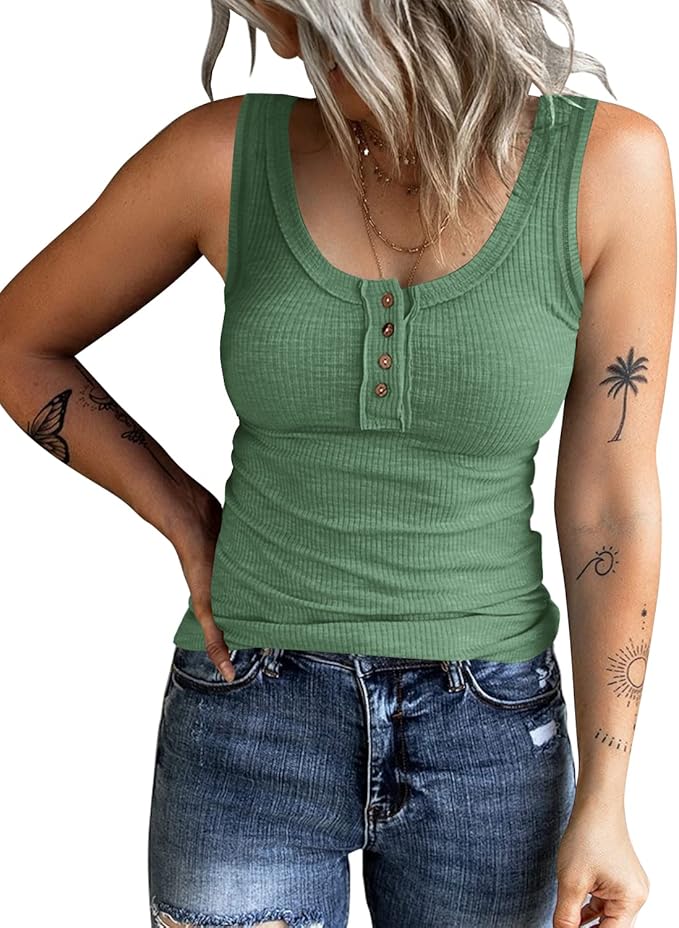 KINLONSAIR Women's Sleeveless Henley Tank Tops Ribbed V Neck Button Down T Shirts Summer Slim Fit Tee Tops