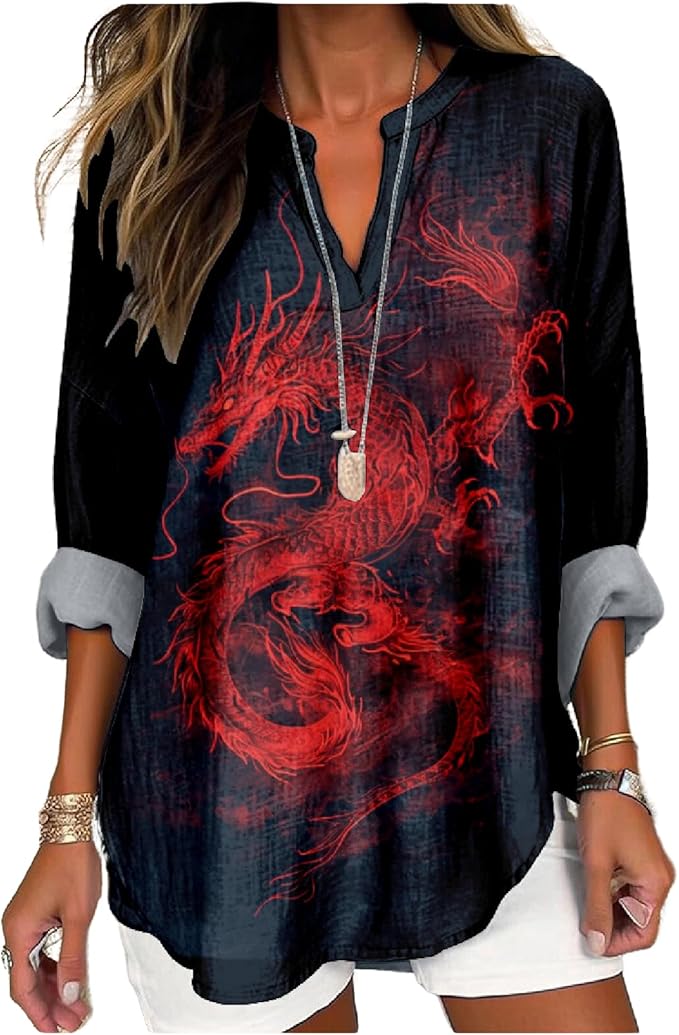 MARSVOVO V Neck Shirt For Women Boho Multi Style Blouse Long Sleeve Novelty Graphic Plus Size Pullover Tops For Women