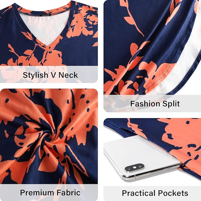 Arolina Women's Summer Maxi Dress Short Sleeve V Neck Casual Loose Long Beach Split Dresses with Pockets