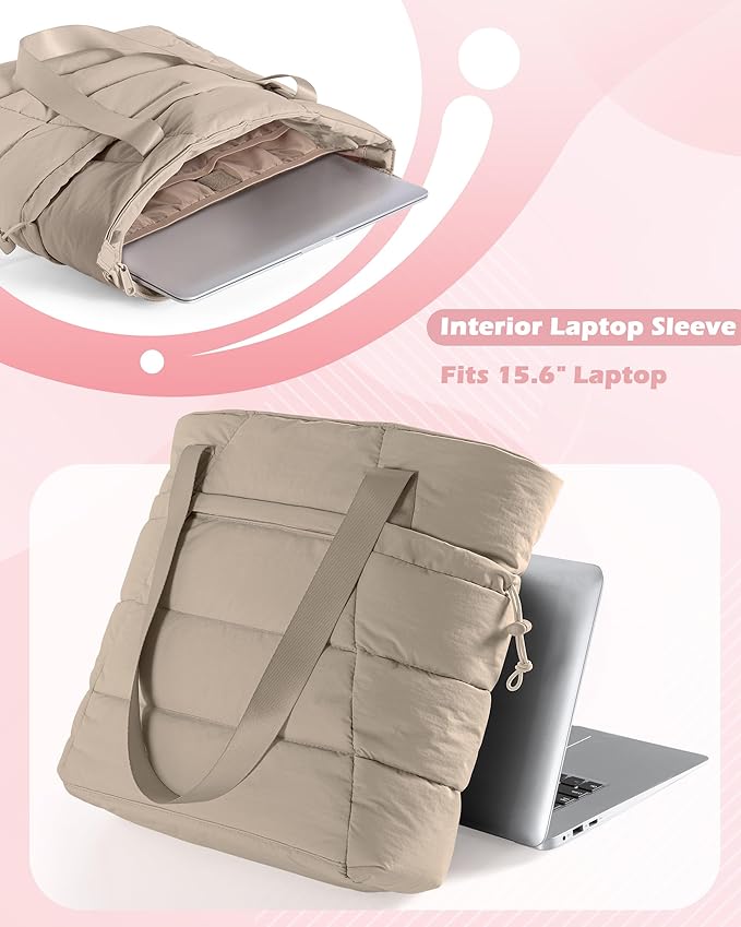 Puffer Tote Bag for Women, Lightweight Tote Bag for Work and School, Khaki