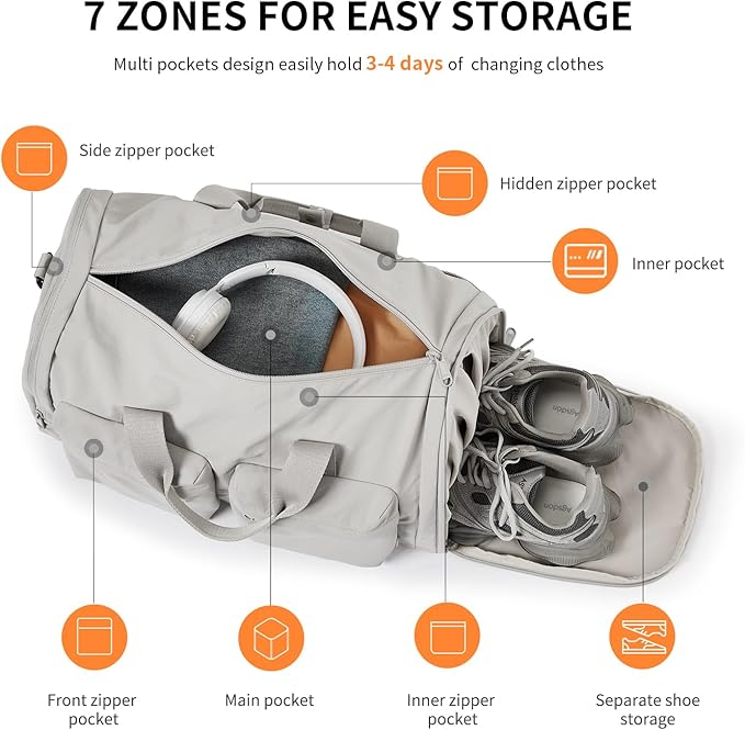 Aji Foldable Gym Bag for Women Men with Shoes Compartment, 3 in 1 Carry on Travel Duffel Bag with Trolley Sleeve, Lightweight&Water Resistant Duffel Bag for Travel, Sport, Fitness&Workout,Elegant Gray