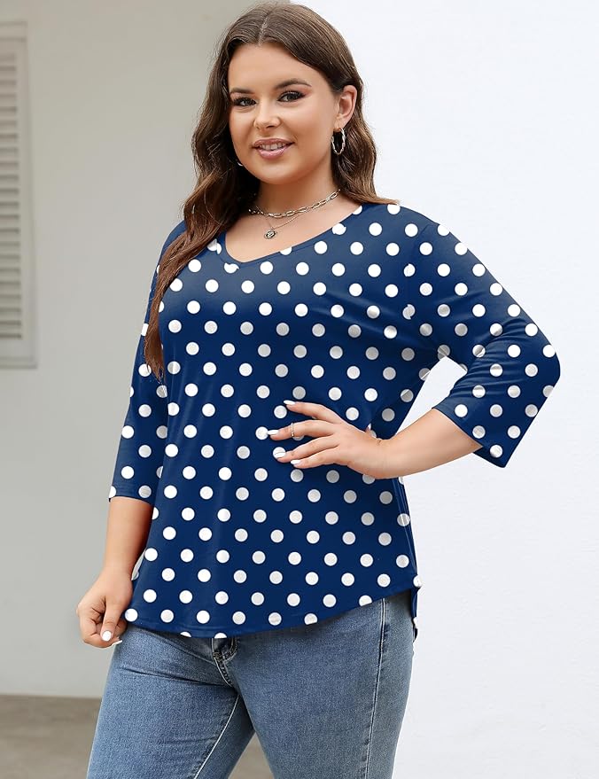 TFSDOD Womens Plus Size Tops V Neck T Shirts 3/4 Sleeve Blouse Summer Casual Tees XL-5X