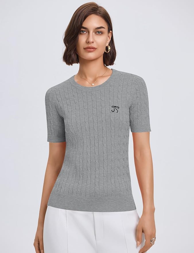 Micoson Womens Short Sleeve Cable Knit Sweater Tops Crewneck Lightweight Spring Summer Shirts Business Dressy Casual Outfits