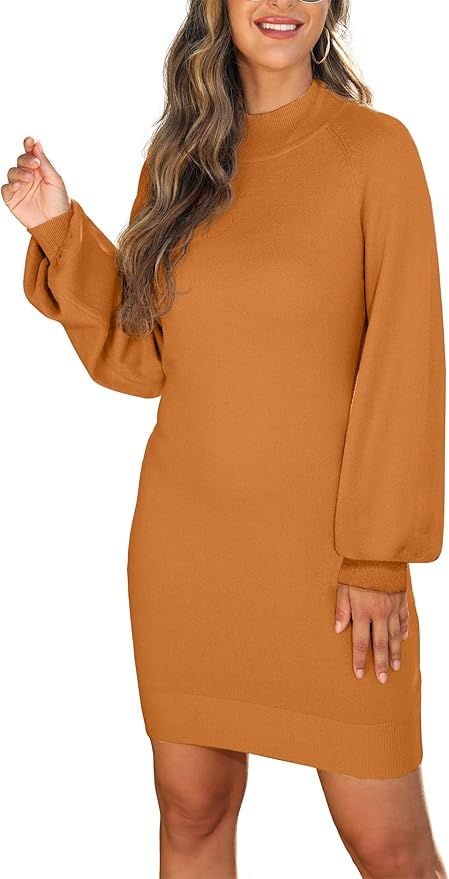 GRECERELLE 2026 Women's Mock Neck Ribbed Long Sleeve Bodycon Pullover Cute Mini Sweater Dress (XS-2XL)