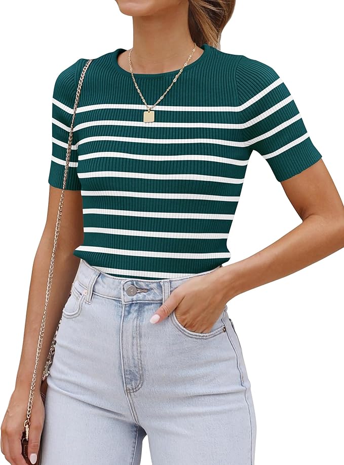 ZESICA Women's Short Sleeve Crewneck Striped T Shirt 2026 Summer Ribbed Knit Slim Fit Casual Basic Tee Tops