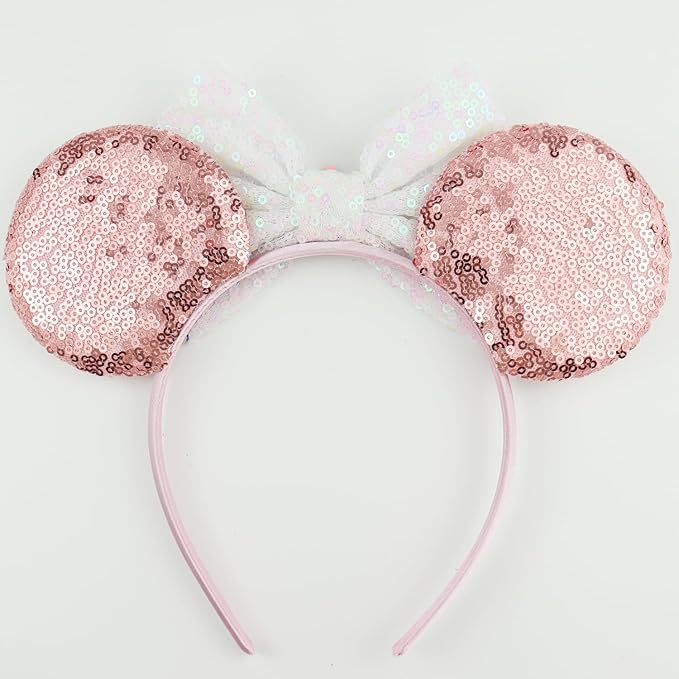 LIHELEI Mouse Ears Headband for Princess, Salmon Pink Sequin Mouse Ears for Princess Birthday Party Halloween Costume, Shiny Park Ears for Adult - Salmon headband