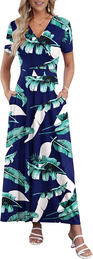 AUSELILY Maxi Dresses for Women Ankle Length Floral Print Beach Long Flowy Dress with Pockets