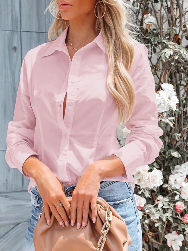 siliteelon Women's Button Down Shirts Long Sleeve Dress Shirts Wrinkle Free Collared Work Office Solid Blouses Corset Tops