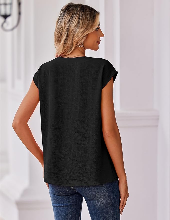 Zeagoo Womens Tops Cap Short Sleeve Textured Blouse V Neck Summer Spring Shirts Business Casual Outfits